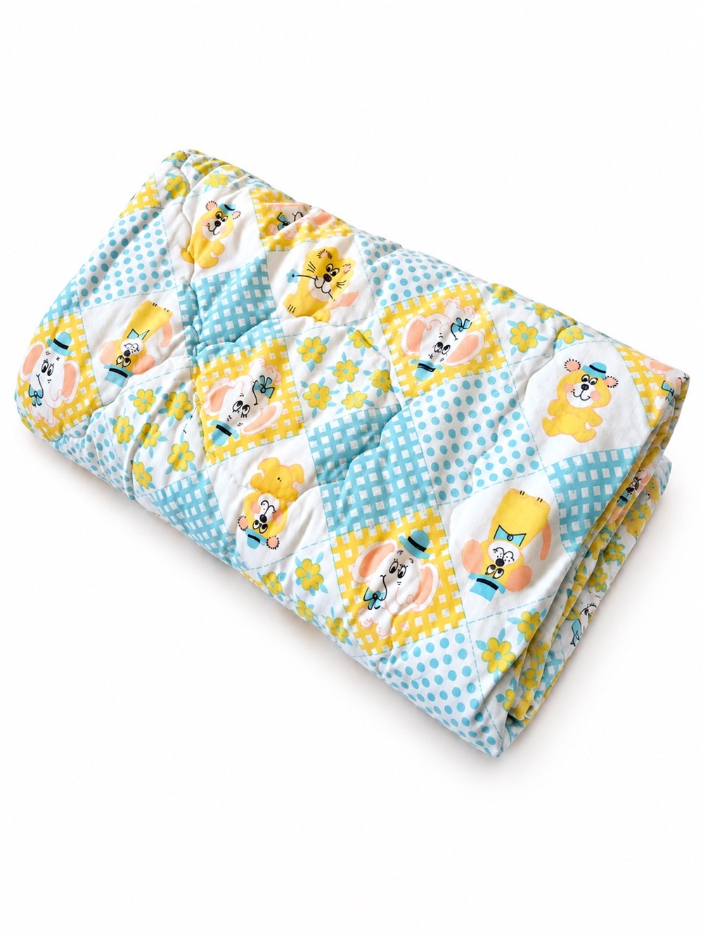 Vintage 80s Retro Crib Blanket Baby Quilt 0033 elephant bear yellow blue